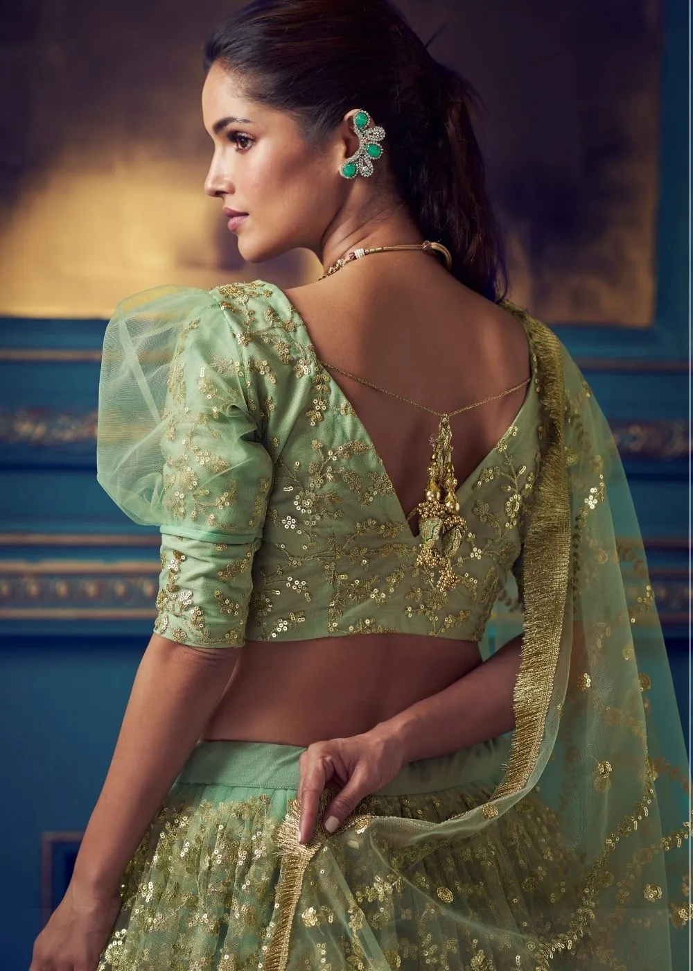 Mint Green Designer Soft Net Lehenga Choli with Ruffles and Sequin, Dori work