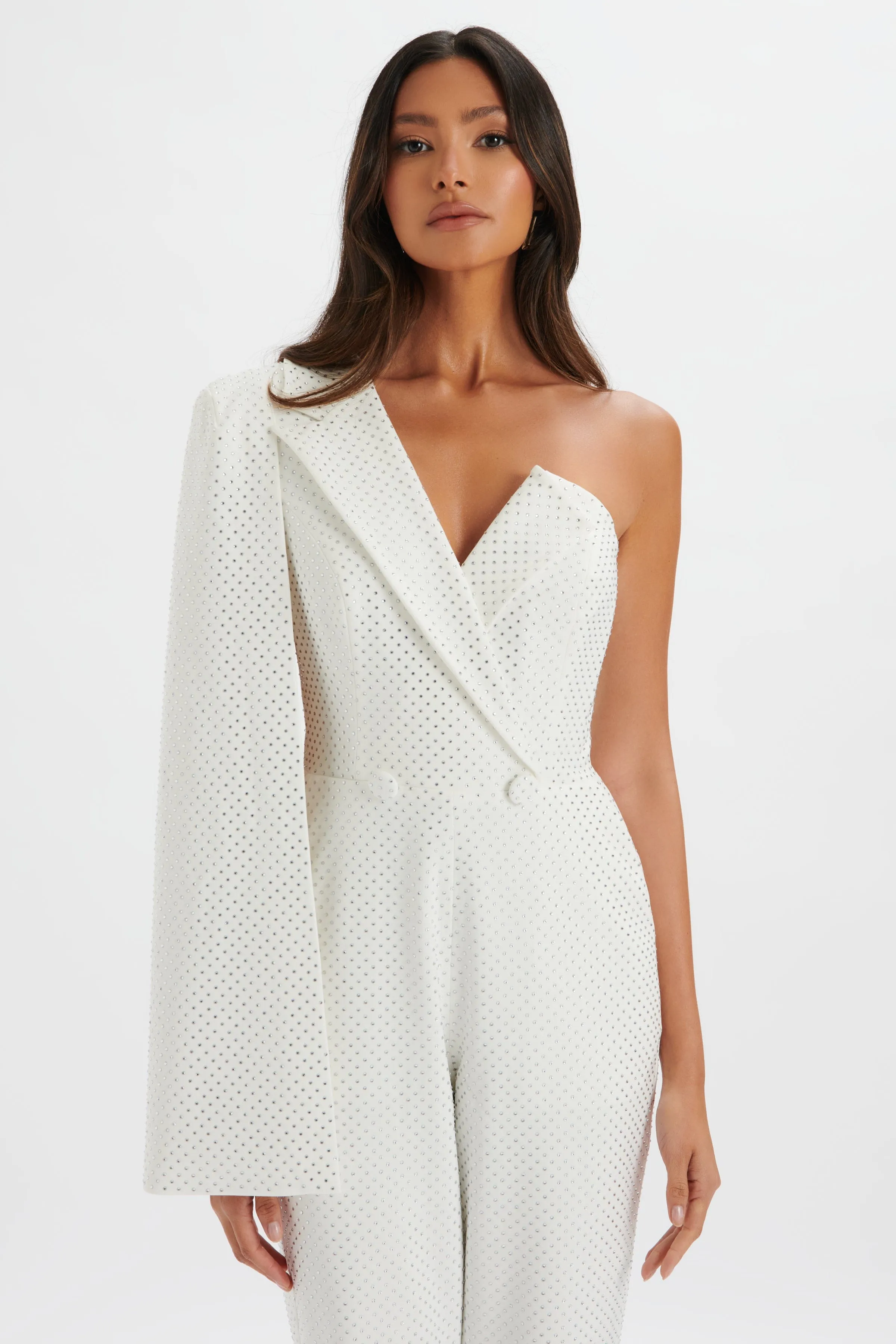 MISCHA Crystal Embellished One Shoulder Cape Jumpsuit in White