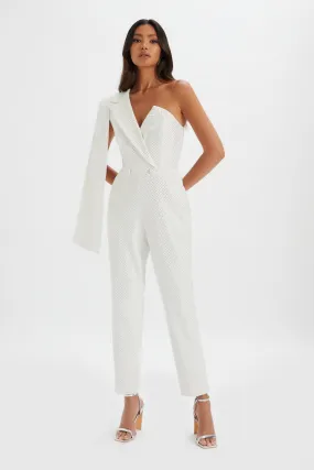 MISCHA Crystal Embellished One Shoulder Cape Jumpsuit in White