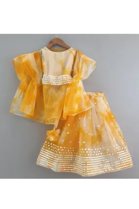 Mustard Yellow Top With Tie And Dye Cape With Lehenga Set