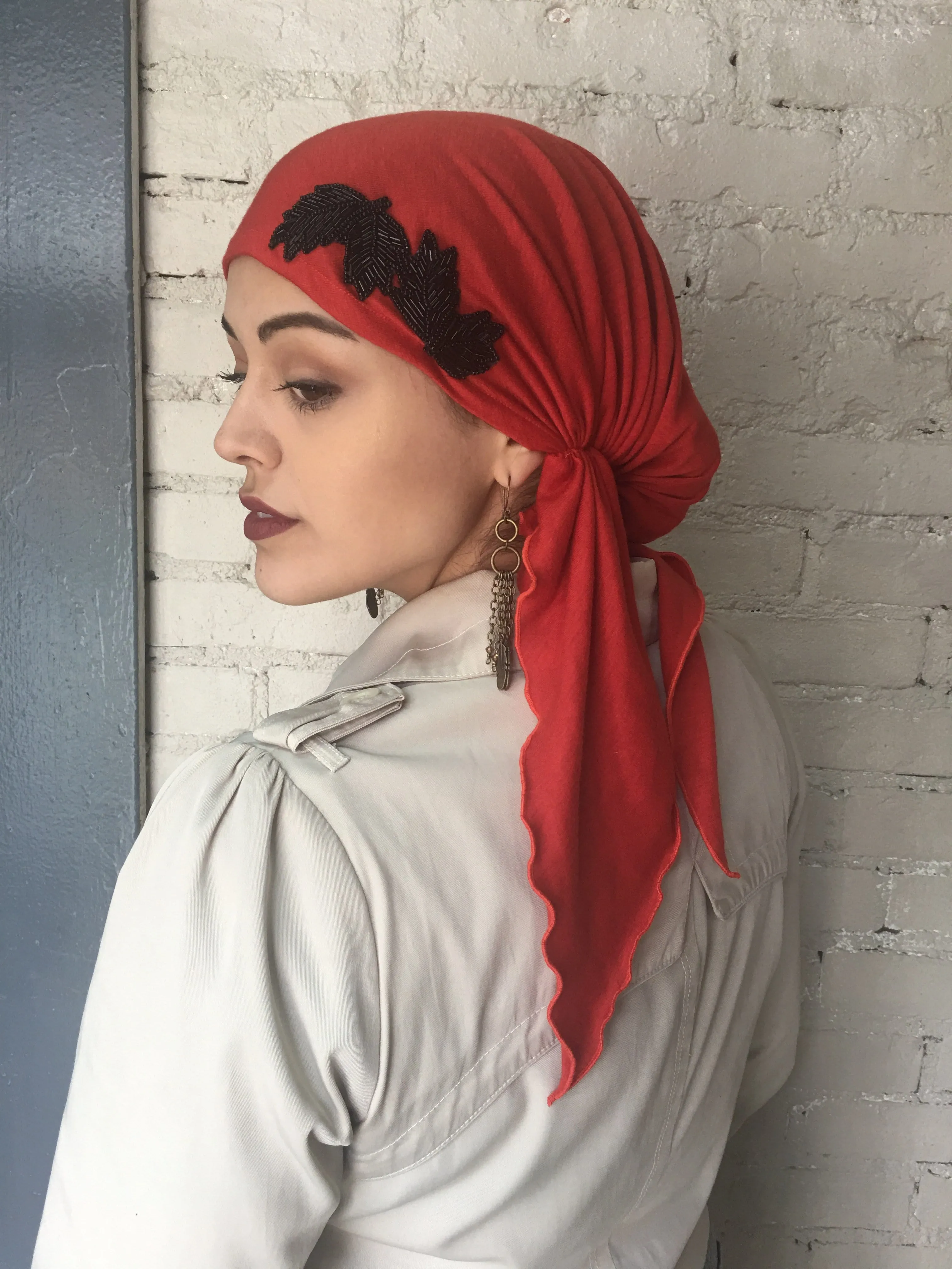 New Slip On Style Pre Tied Head Scarf Hair Wrap Red Orange