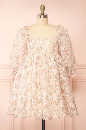 Nicky | Short Floral Beige Babydoll Dress