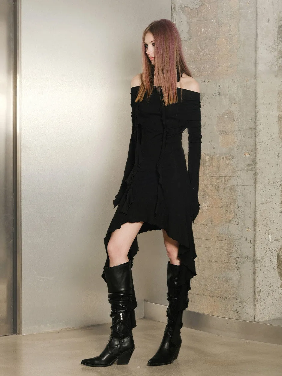 NORTH NODE Asymmetric Knit Sweater Dress - Heather and Noir