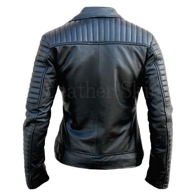 NWT Black Brando Padded Shoulder Sleeves Women Genuine Real Pure Leather Jacket