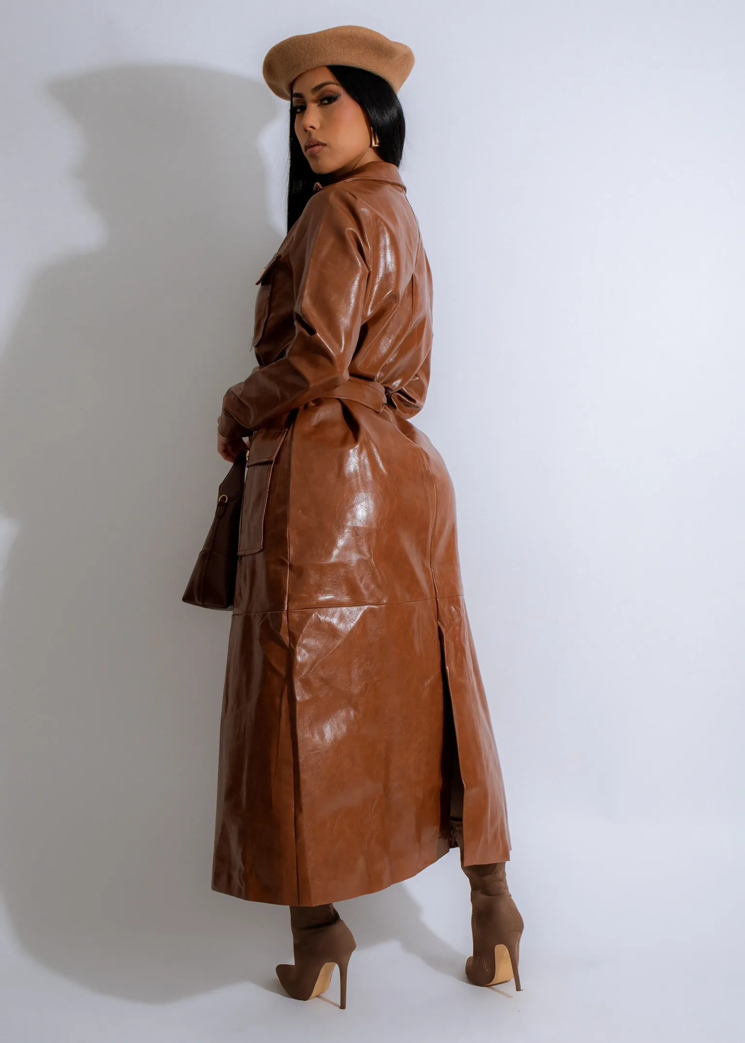 Obsidian Luxe Faux Leather Coat Brown