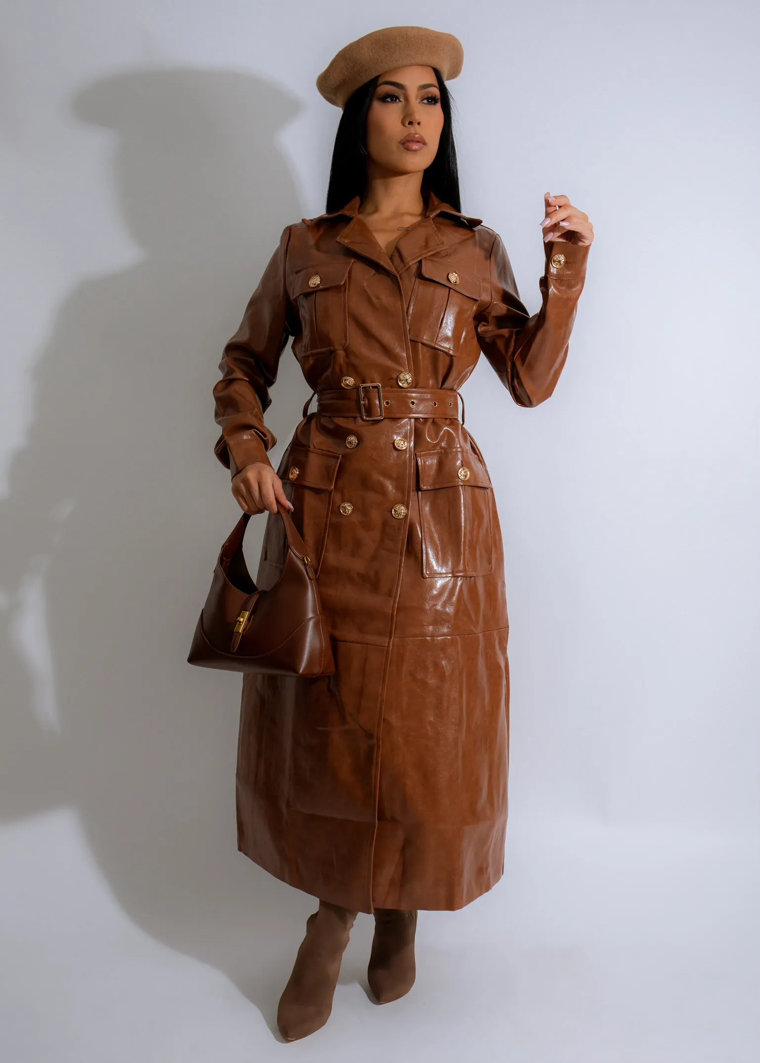 Obsidian Luxe Faux Leather Coat Brown