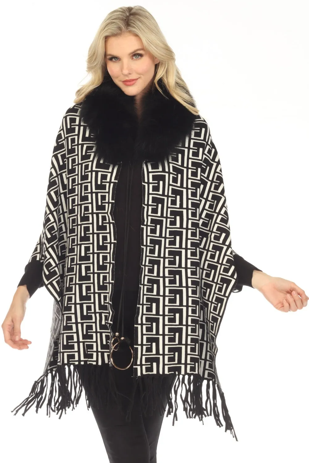 OO LA LA Black/White Meander Pattern Real Fur Collar Fringe Cape M7175