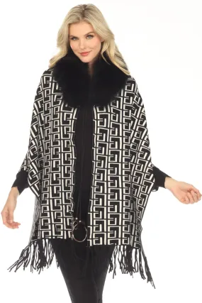 OO LA LA Black/White Meander Pattern Real Fur Collar Fringe Cape M7175