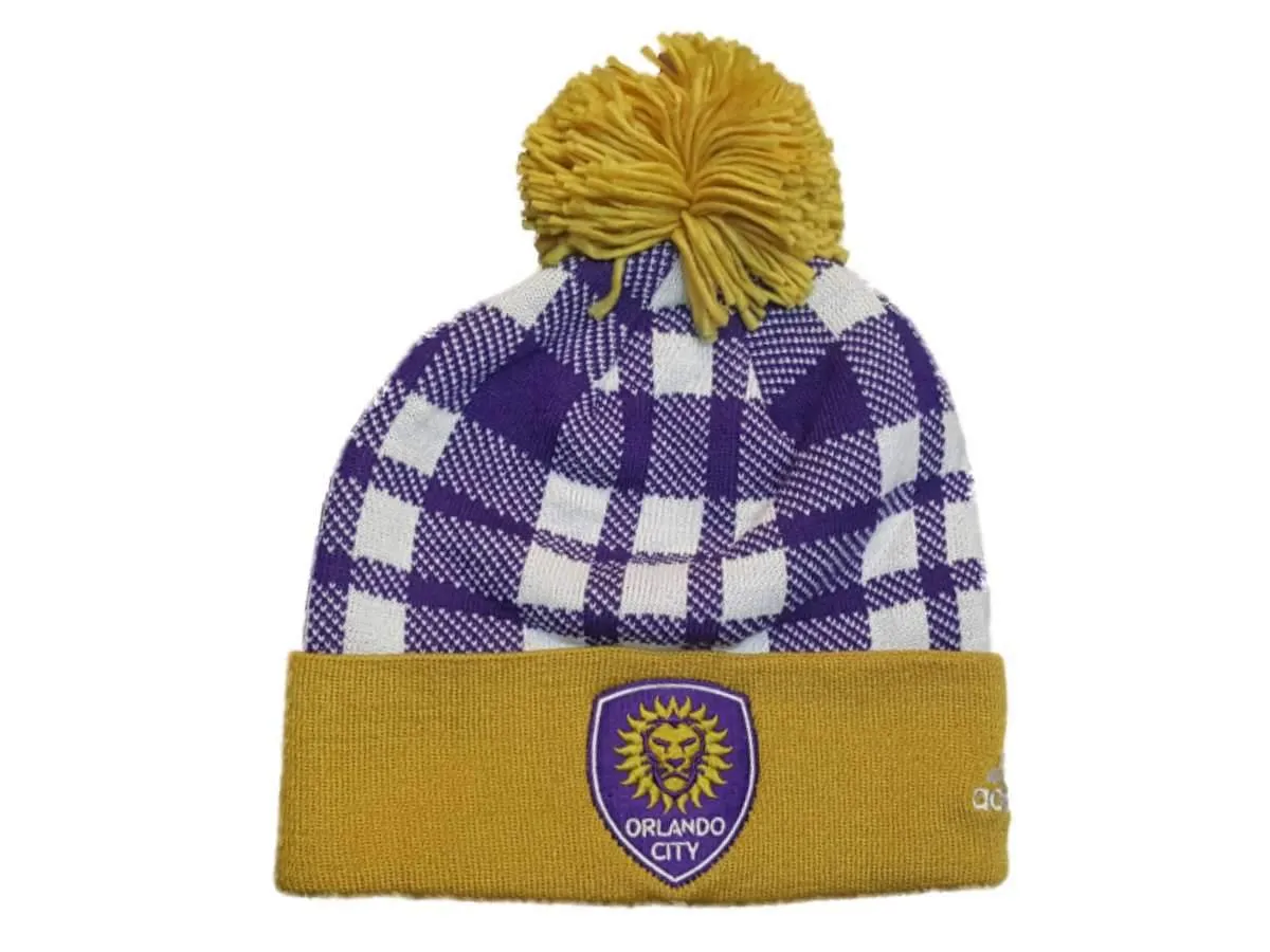 Orlando City SC Adidas Purple Plaid Acrylic Cuffed Beanie Hat Cap with Poof Ball