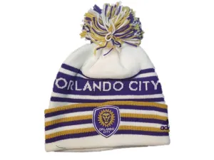 Orlando City SC Adidas White Striped Acrylic Knit Cuffed Beanie Hat Cap w Poof