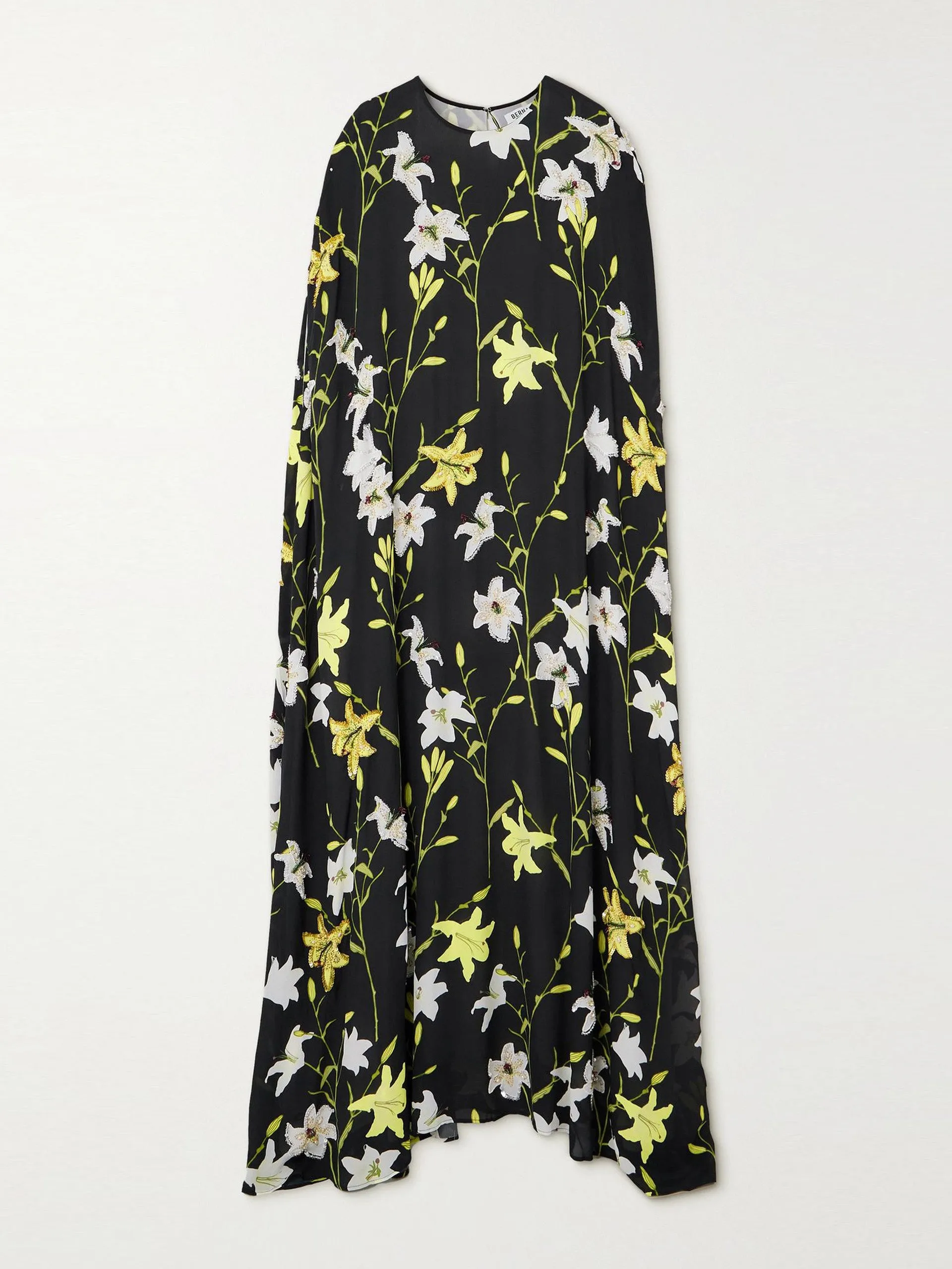 Oversized cape-effect embellished floral-print gown