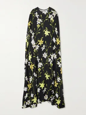 Oversized cape-effect embellished floral-print gown