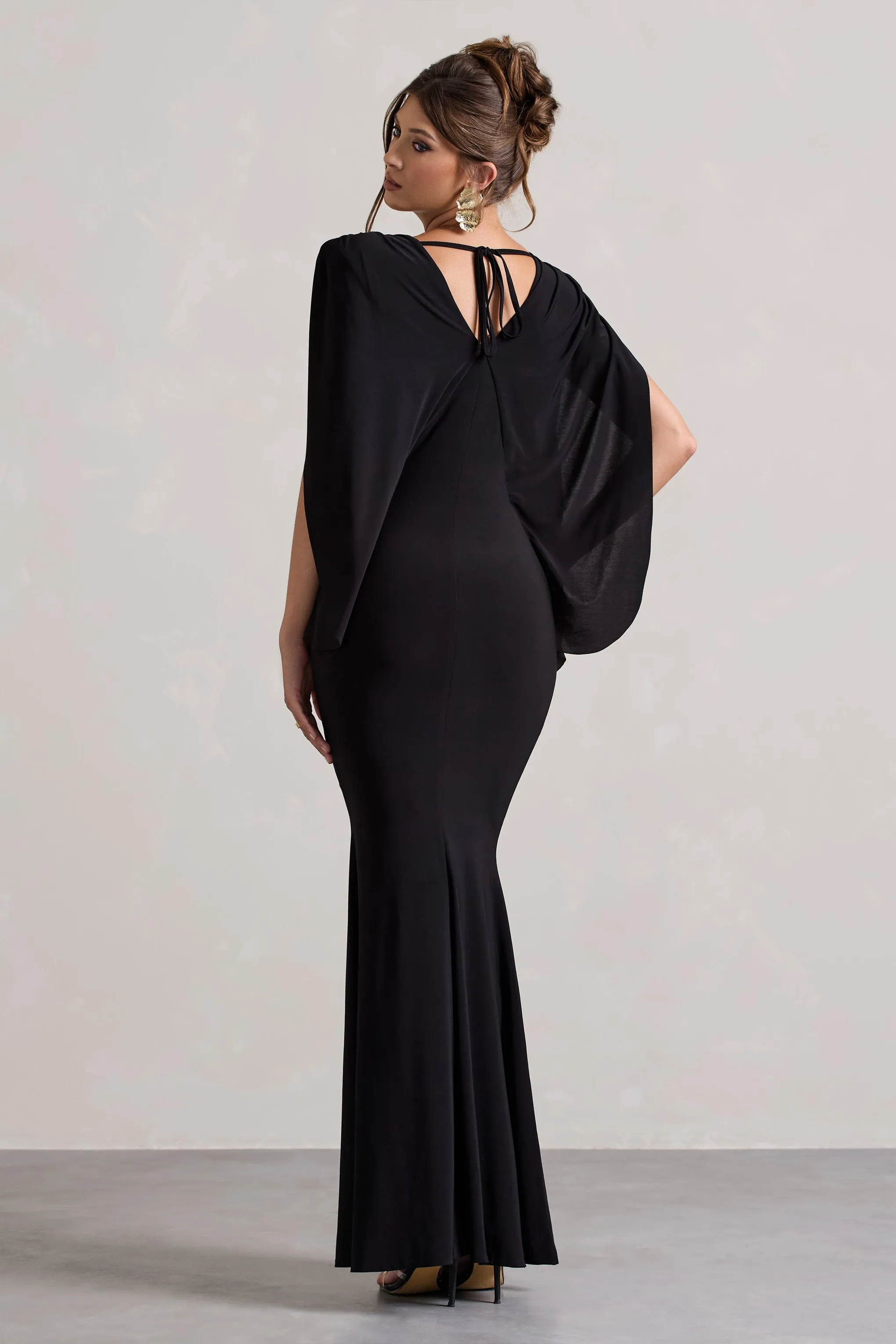 Perry | Black V-Neck Cape Sleeve Split Maxi Dress