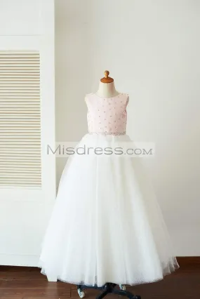 Pink Satin Ivory Glittering Dot Tulle Beaded Flower Girl Dress, Cape