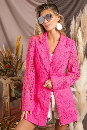 Pink Single-Breasted Long Sleeve Lace Blazer