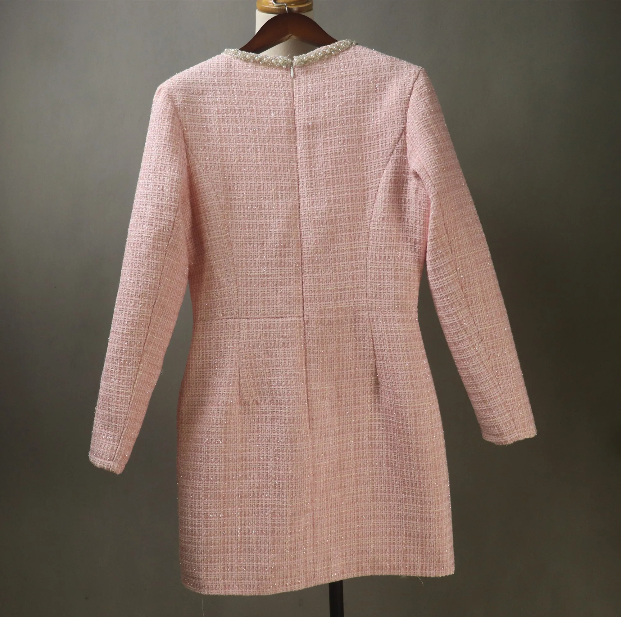 Pink Tweed Dress with Pearls Trim