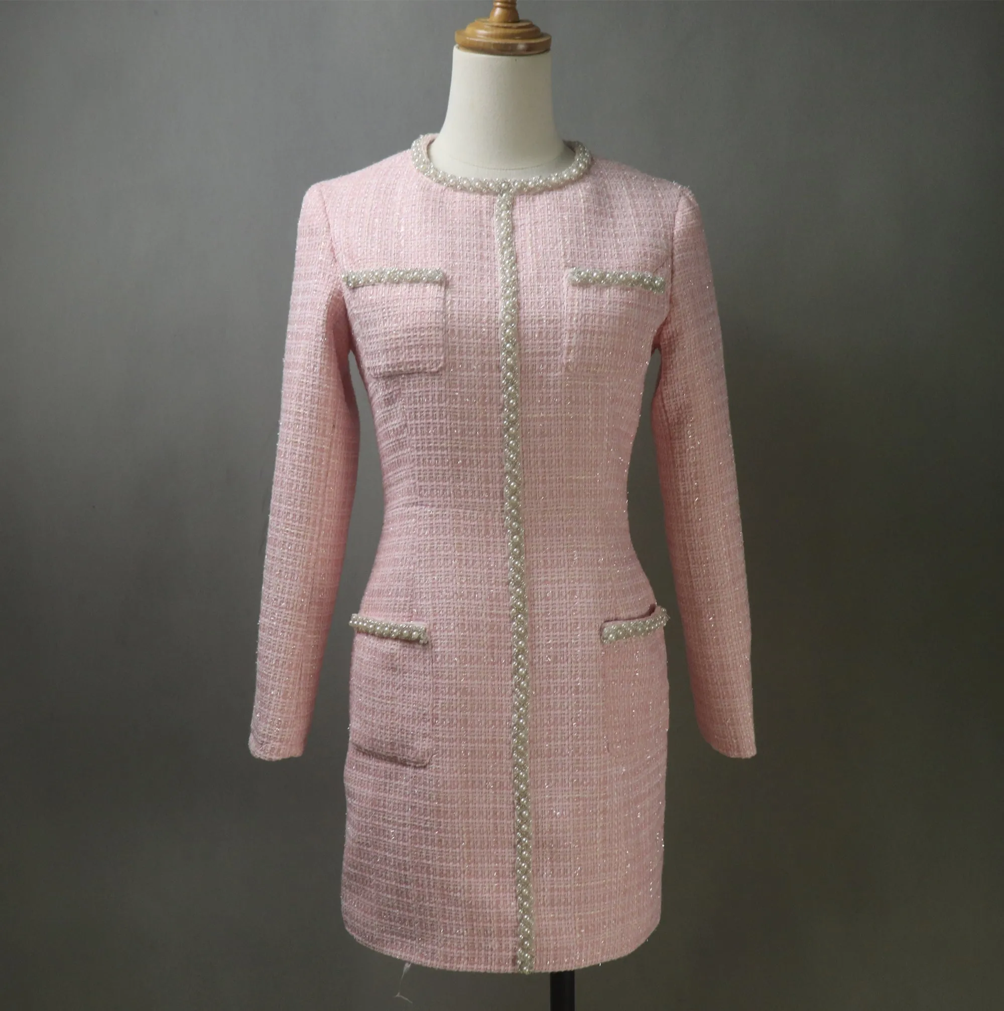 Pink Tweed Dress with Pearls Trim