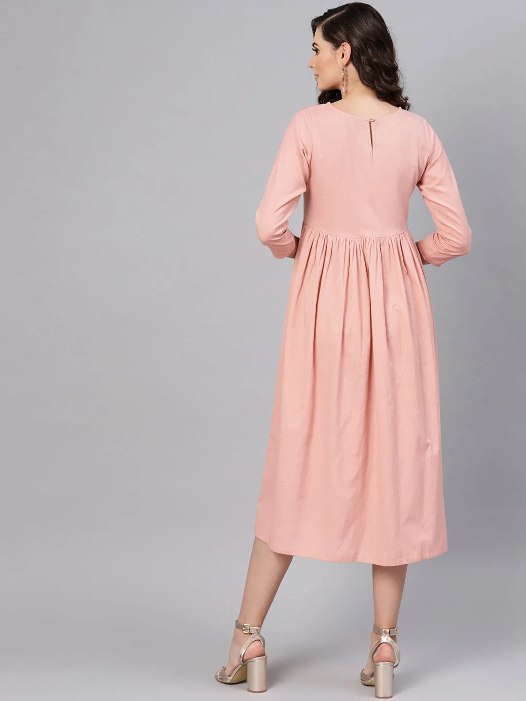 Pink Yoke Embroidered Gathered Dress