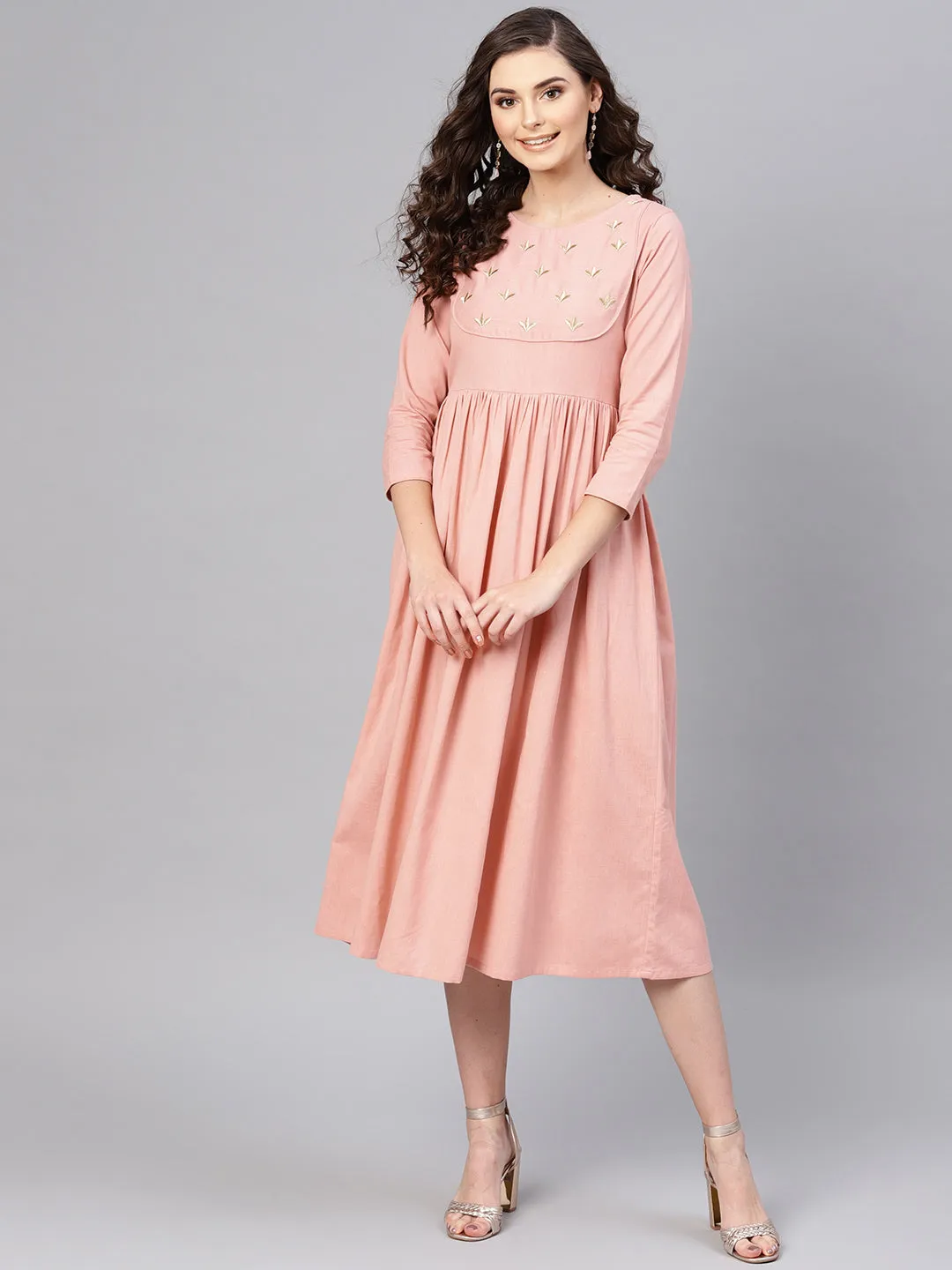 Pink Yoke Embroidered Gathered Dress