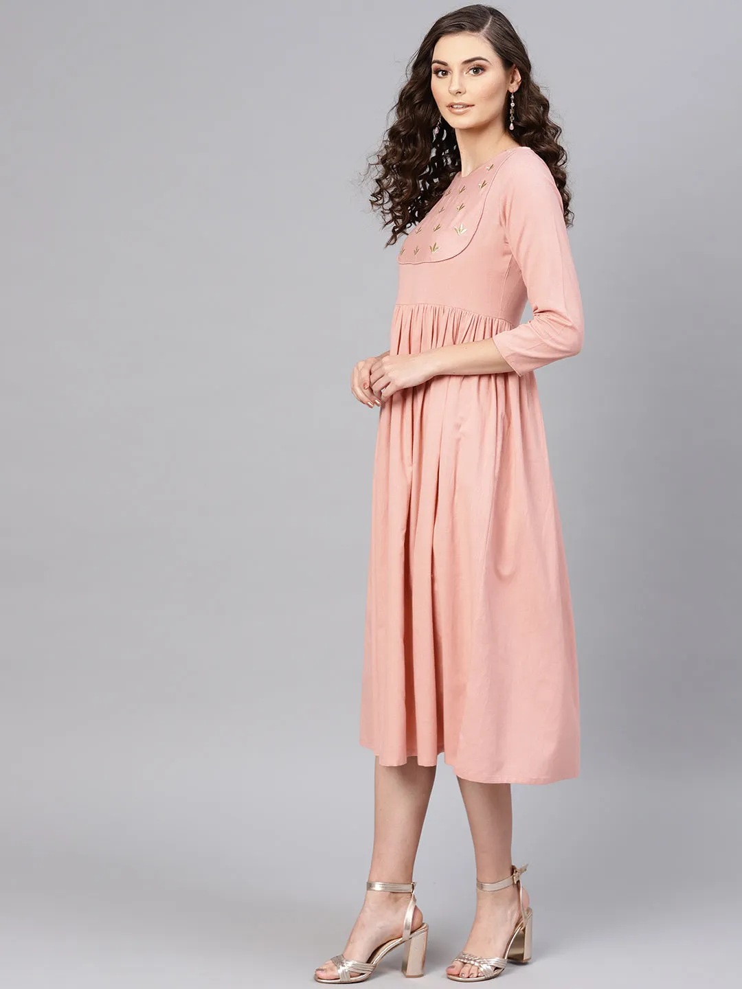 Pink Yoke Embroidered Gathered Dress