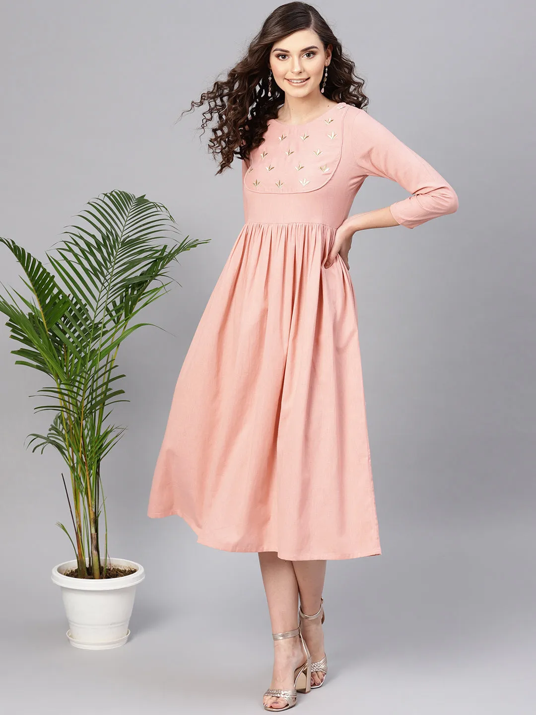 Pink Yoke Embroidered Gathered Dress