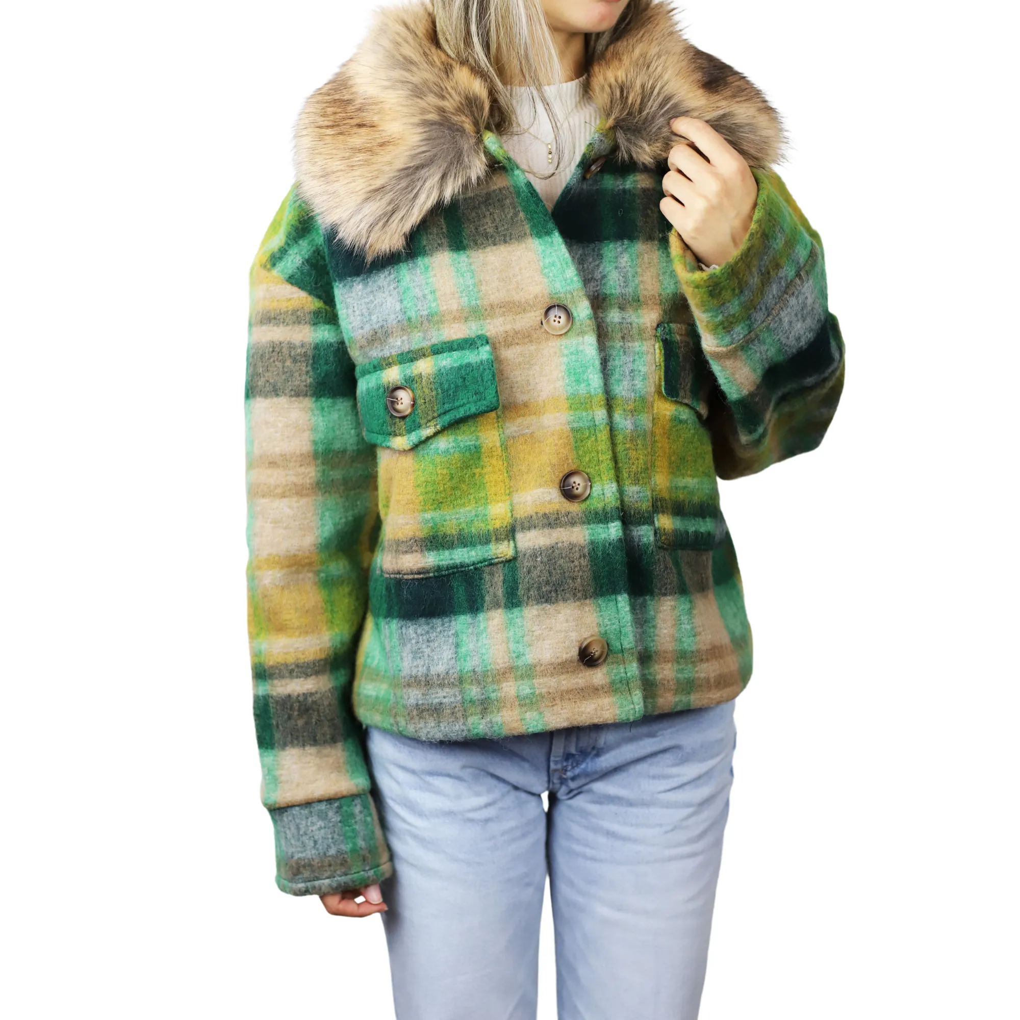 Plaid Cropped Jacket w/ Trim - Green