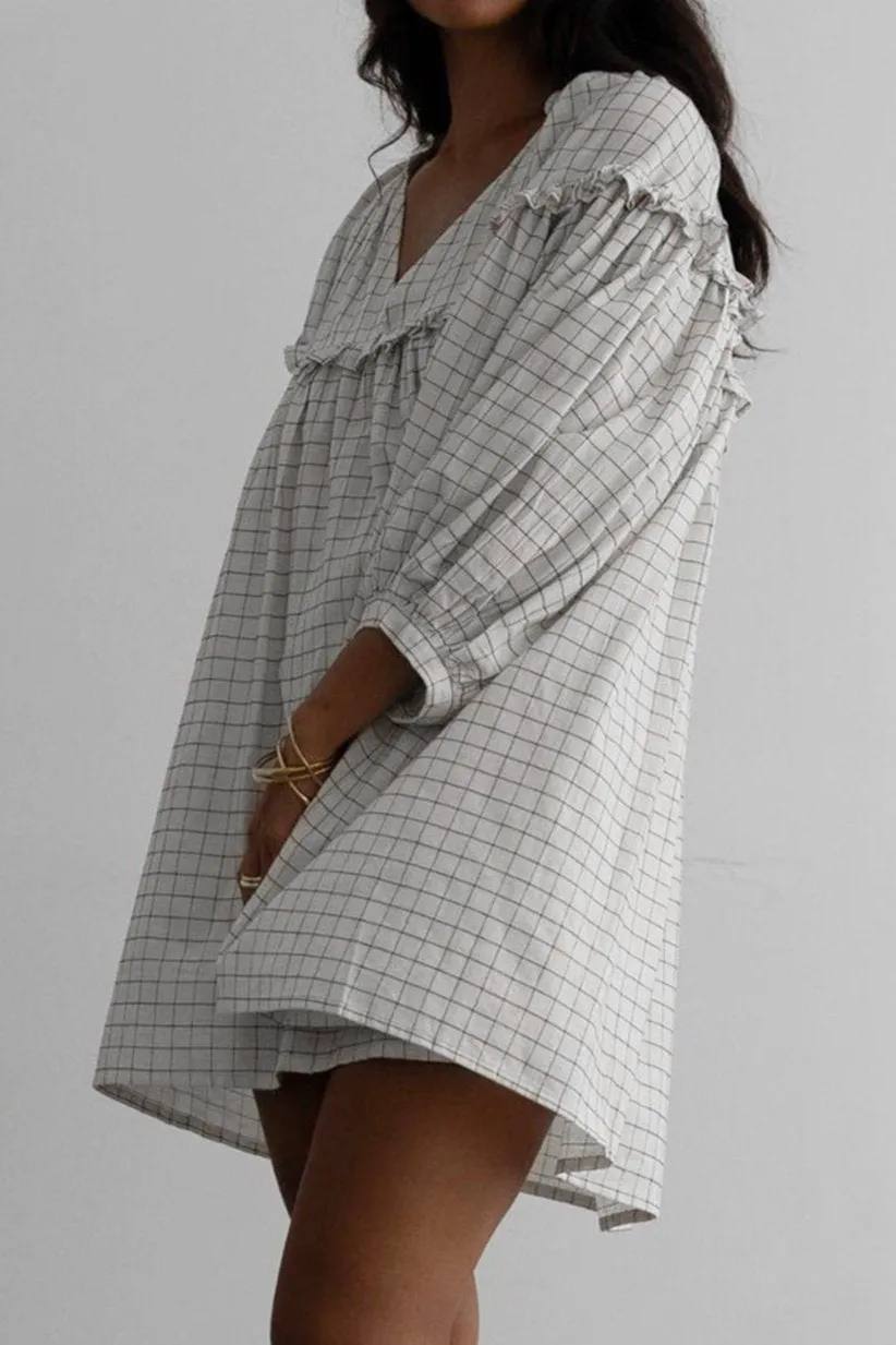 Plaid Frilled 3/4 Sleeve Babydoll Dress