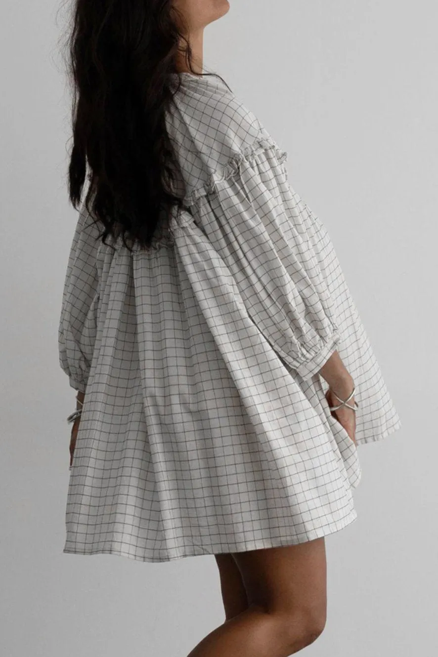 Plaid Frilled 3/4 Sleeve Babydoll Dress