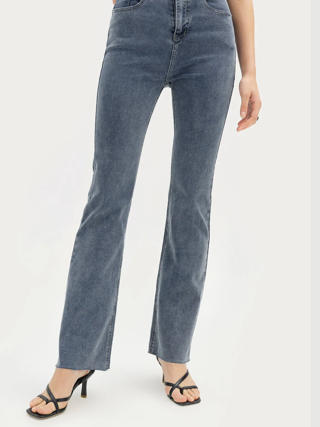 Plain Chic Raw Hem Flare Leg High Waist Denim Jeans