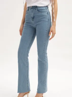 Plain Chic Raw Hem Flare Leg High Waist Denim Jeans