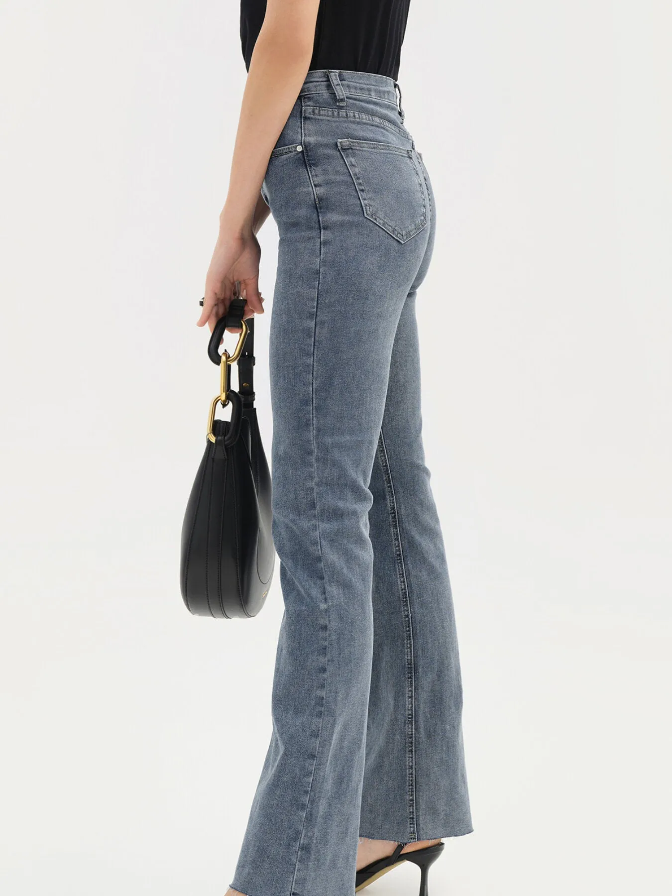 Plain Chic Raw Hem Flare Leg High Waist Denim Jeans