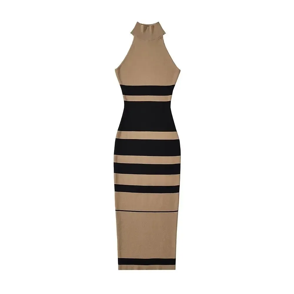 Pre Order:  Contrast Stripes Stretchable Midi Dress