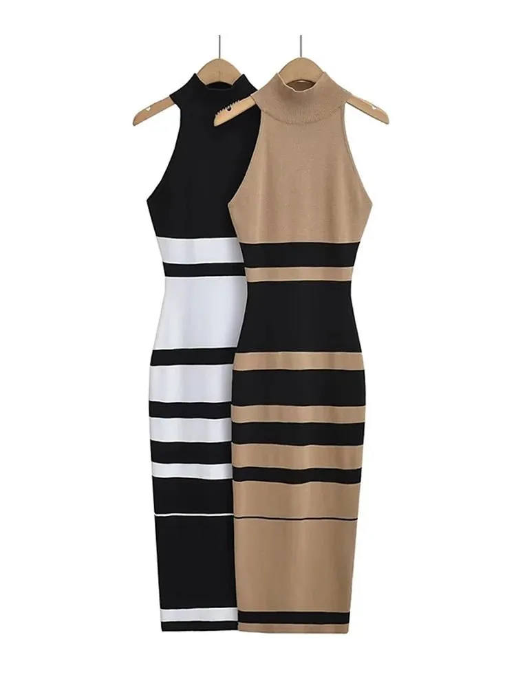 Pre Order:  Contrast Stripes Stretchable Midi Dress