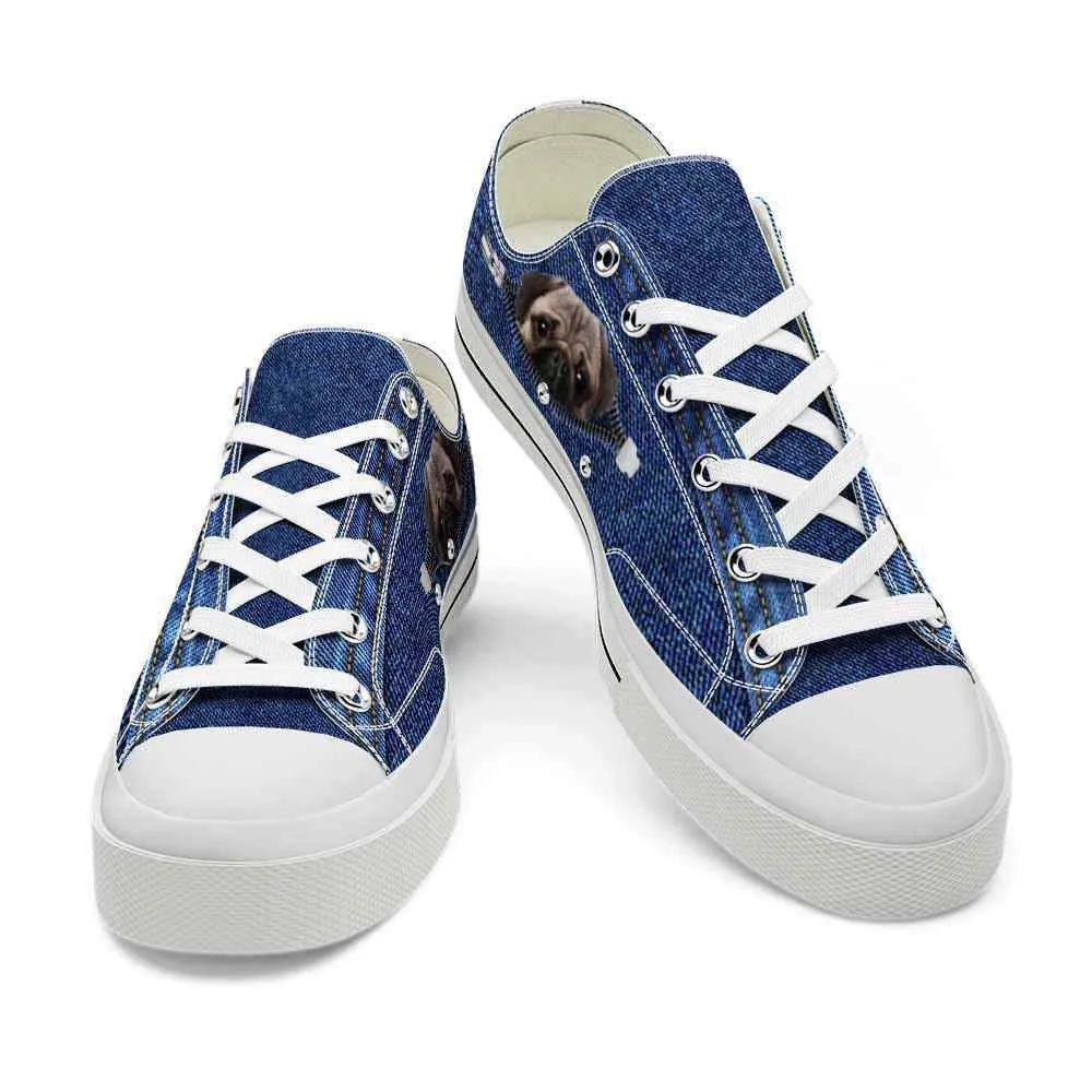 Pug Zipper Jeans Low Top Shoes - Happy International Dog Day Canvas Sneaker, Dog Printed Shoes, Canvas Shoes For Men, Women