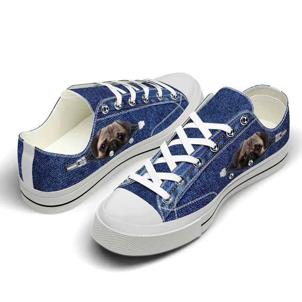 Pug Zipper Jeans Low Top Shoes - Happy International Dog Day Canvas Sneaker, Dog Printed Shoes, Canvas Shoes For Men, Women