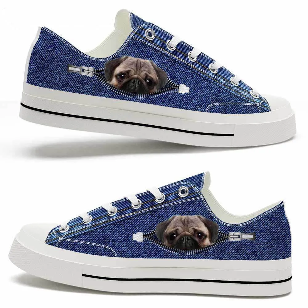 Pug Zipper Jeans Low Top Shoes - Happy International Dog Day Canvas Sneaker, Dog Printed Shoes, Canvas Shoes For Men, Women