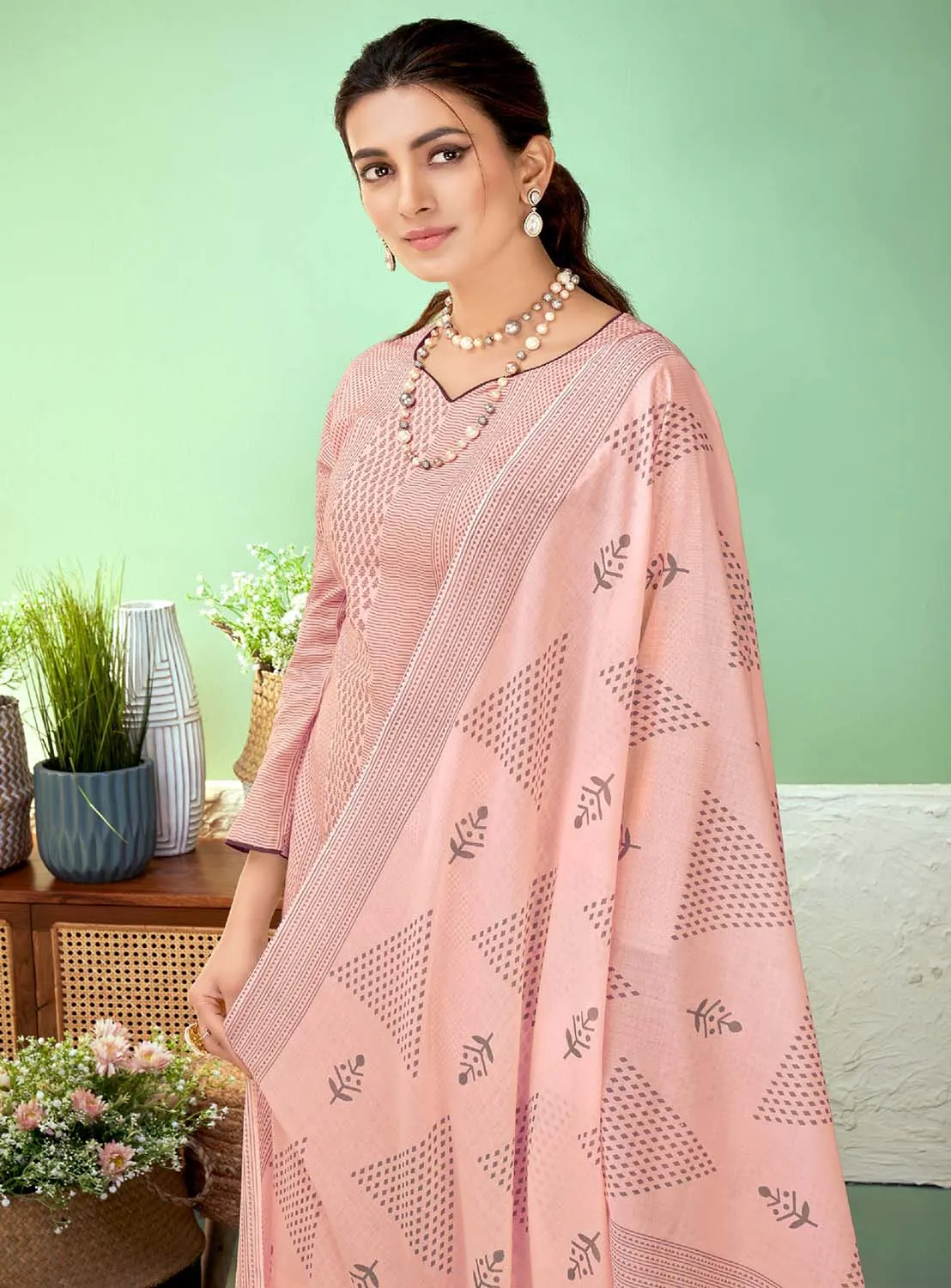 Pure Lawn Cotton Women Salwar Suit Unstitched Peach