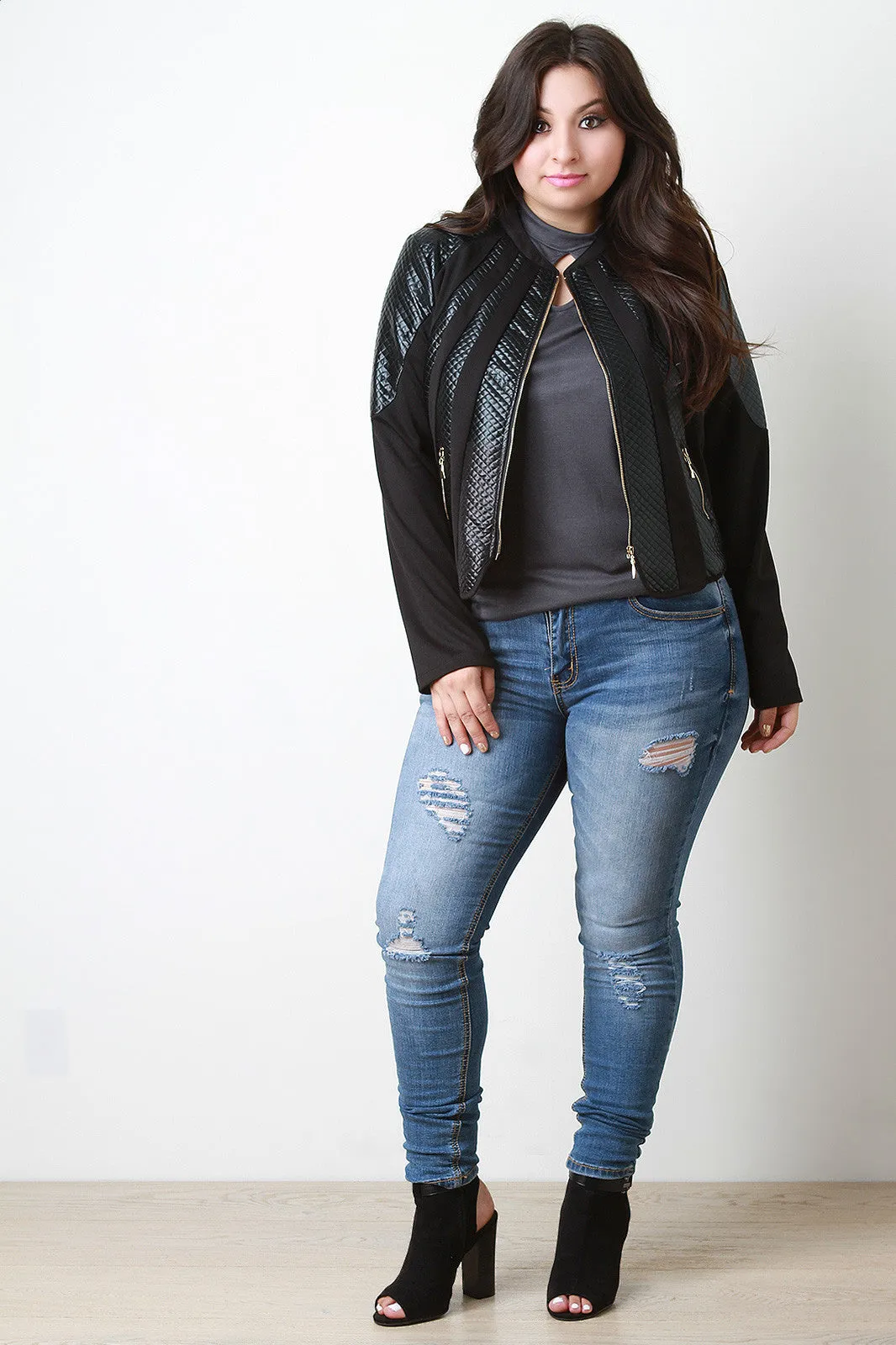 Quilted Faux Leather and Knit Jacket