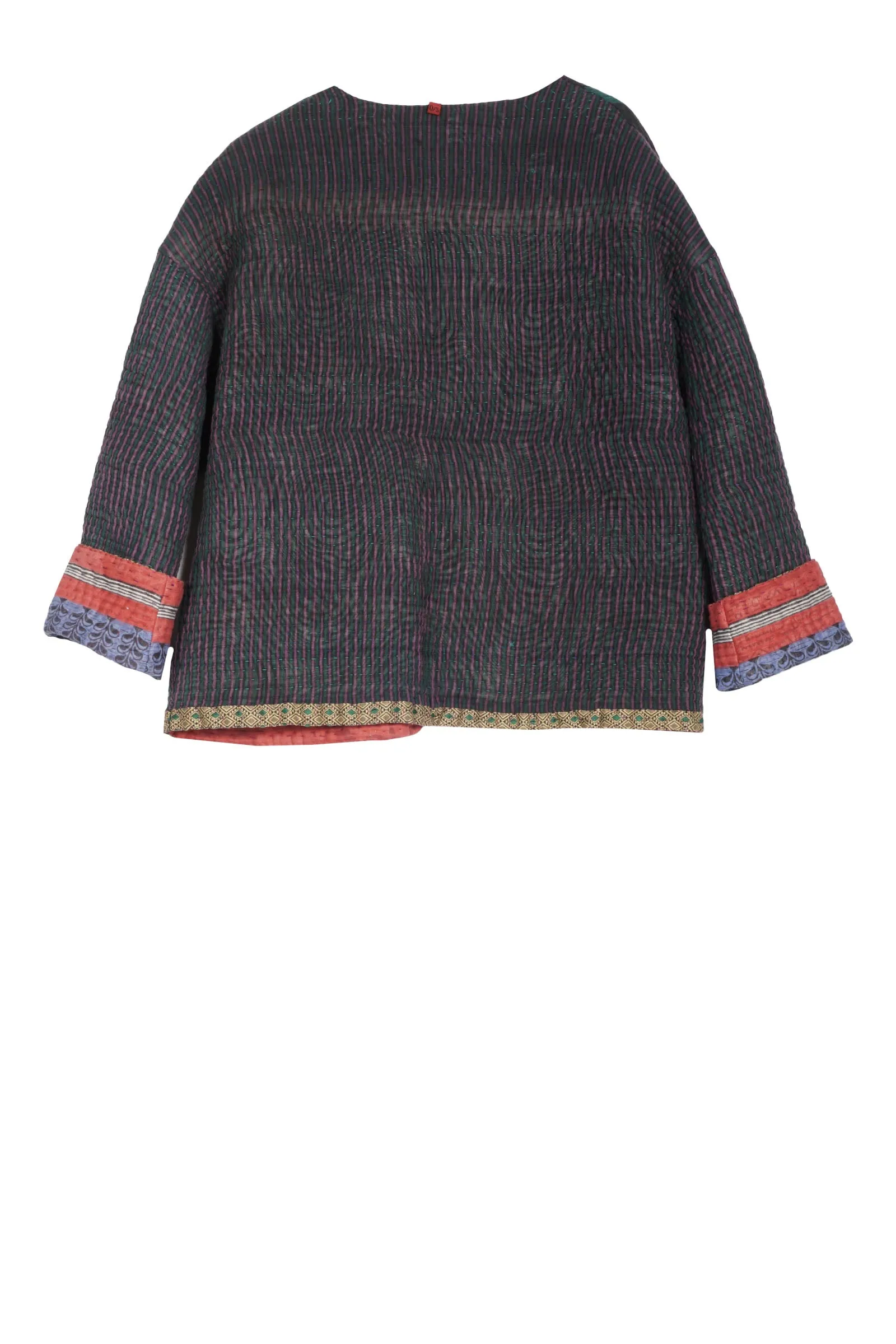 QUILTED VINTAGE COTTON KANTHA CREW NECK SHORT JKT