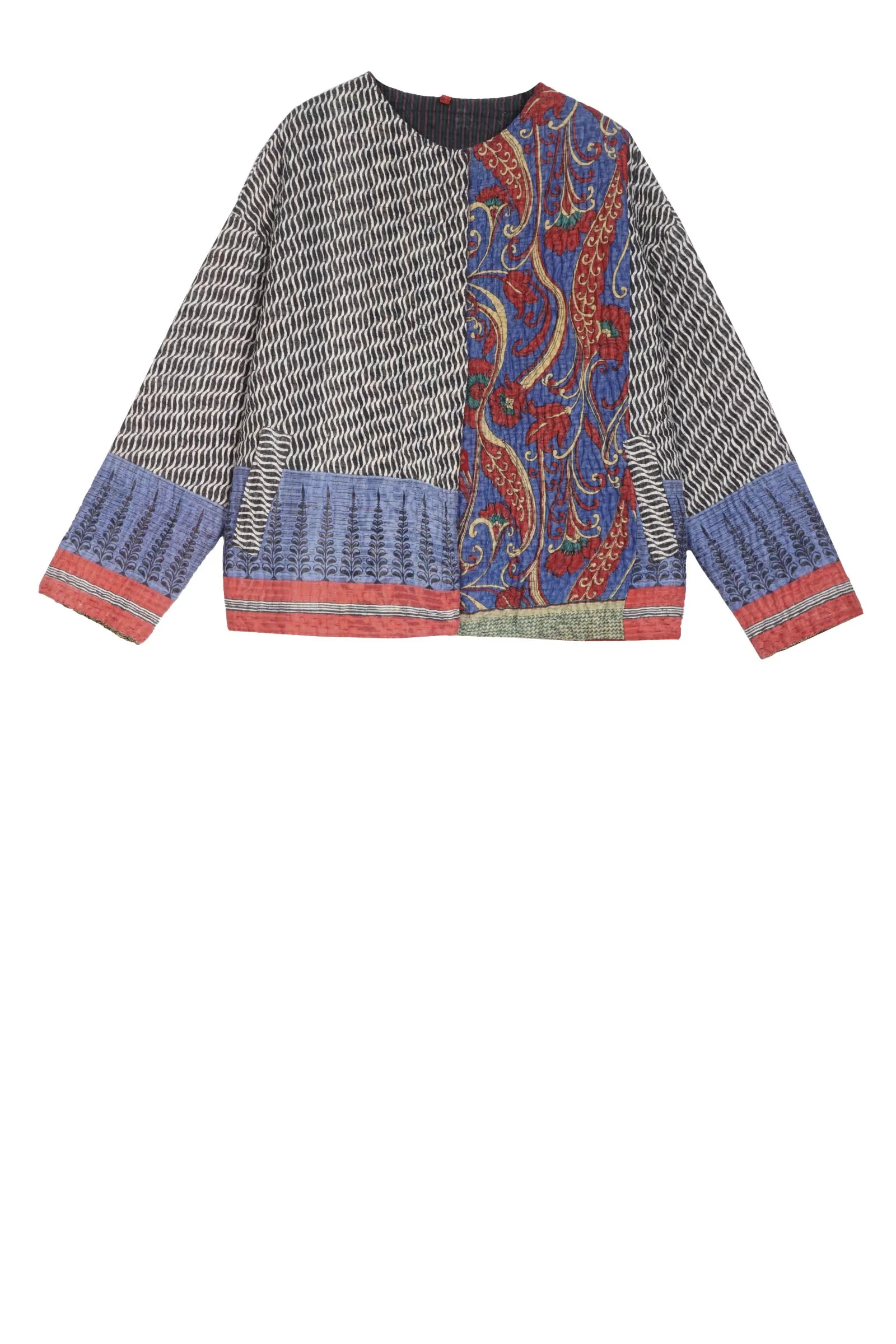 QUILTED VINTAGE COTTON KANTHA CREW NECK SHORT JKT