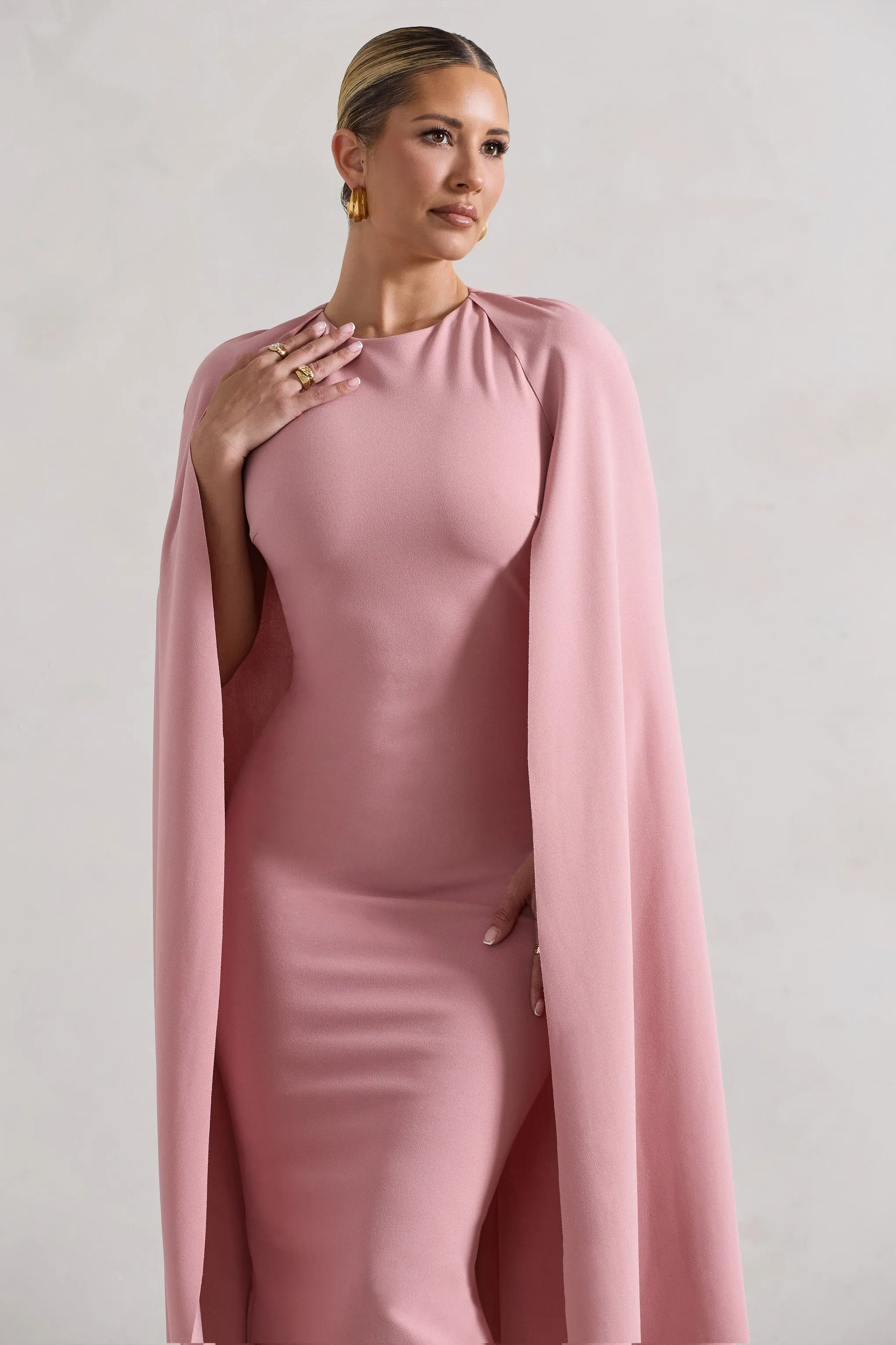 Rafaela | Blush Pink Bodycon Midi Dress With Cape Sleeves