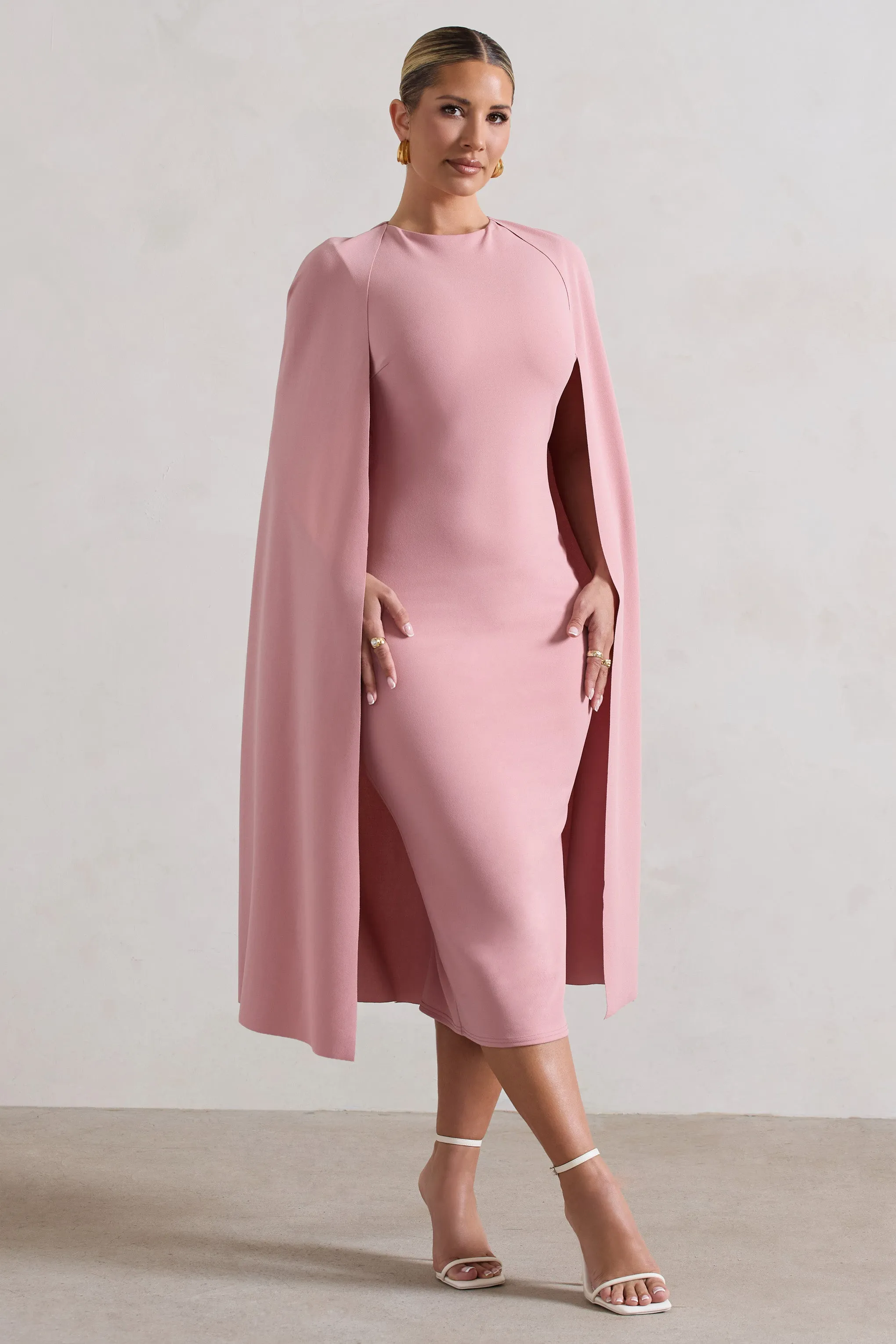 Rafaela | Blush Pink Bodycon Midi Dress With Cape Sleeves