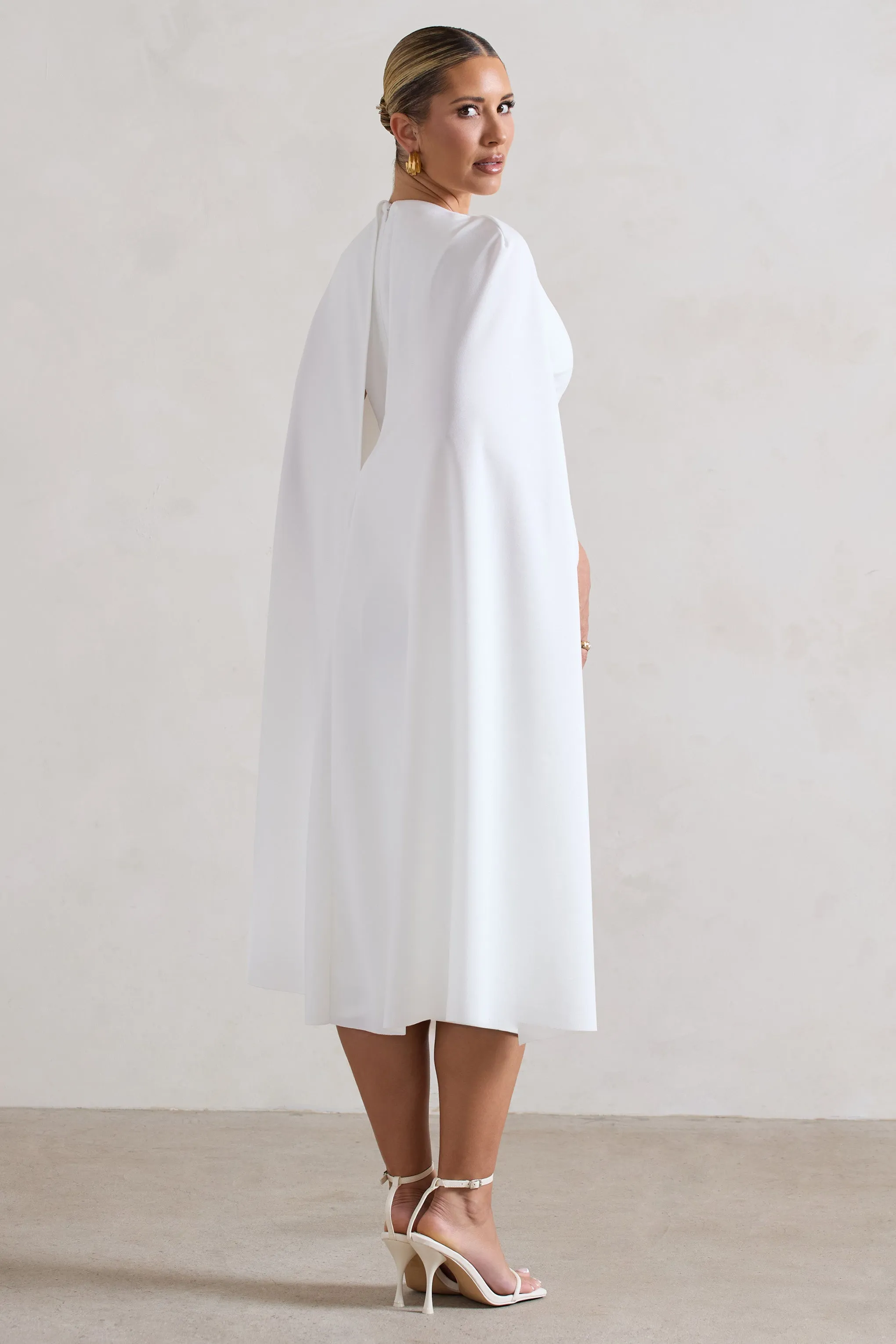 Rafaela | White Bodycon Midi Dress With Cape Sleeves