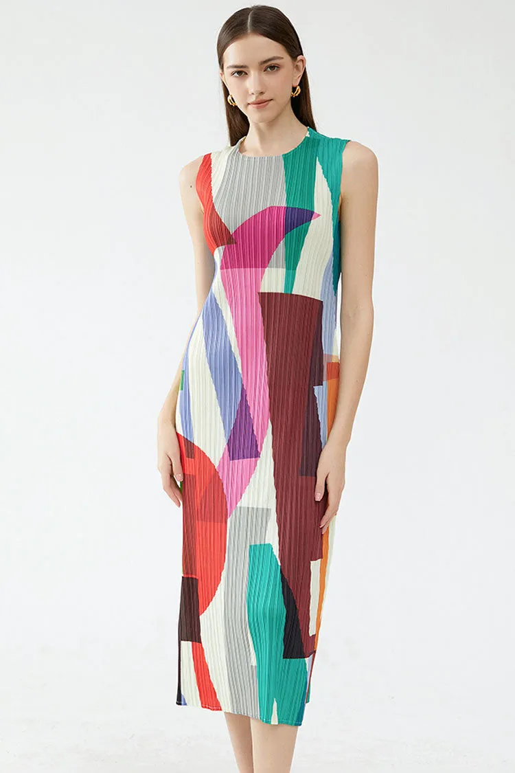 Relaxed Color Block Sheath Pleated Sleeveless Midi Dress - Multicolor