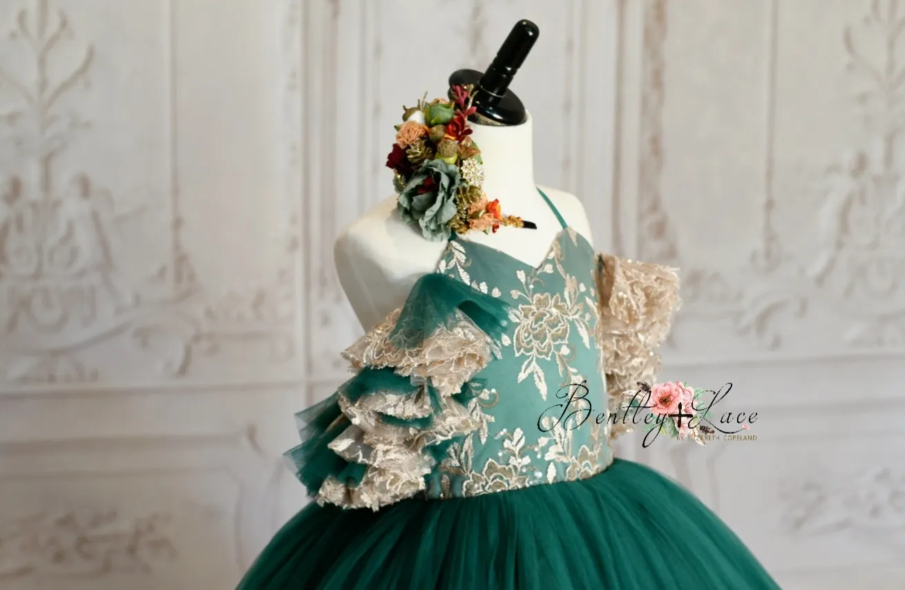 Retired rental "Jillian" in green and champagne Floor Length Dress ( 6 Year - Petite 7 Year)