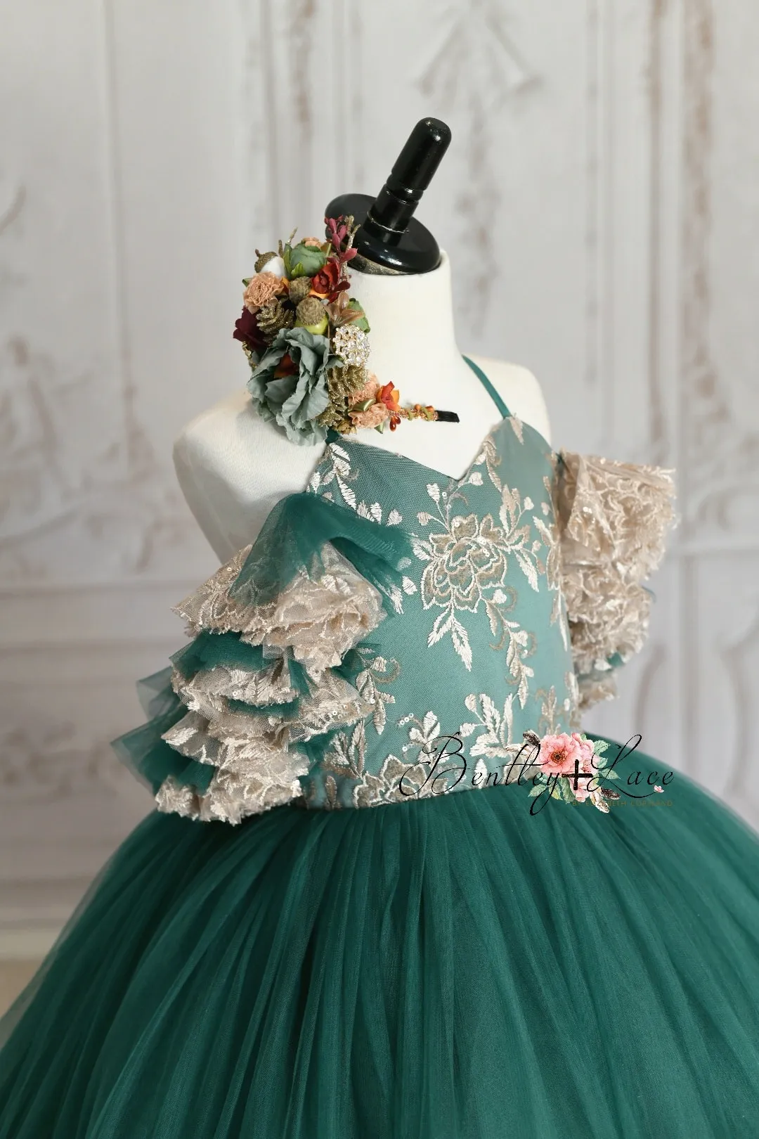 Retired rental "Jillian" in green and champagne Floor Length Dress ( 6 Year - Petite 7 Year)