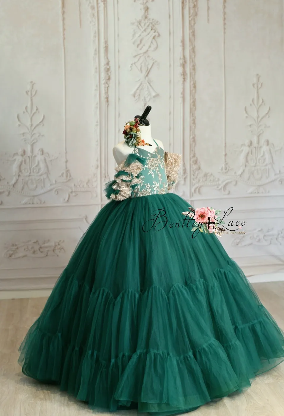 Retired rental "Jillian" in green and champagne Floor Length Dress ( 6 Year - Petite 7 Year)