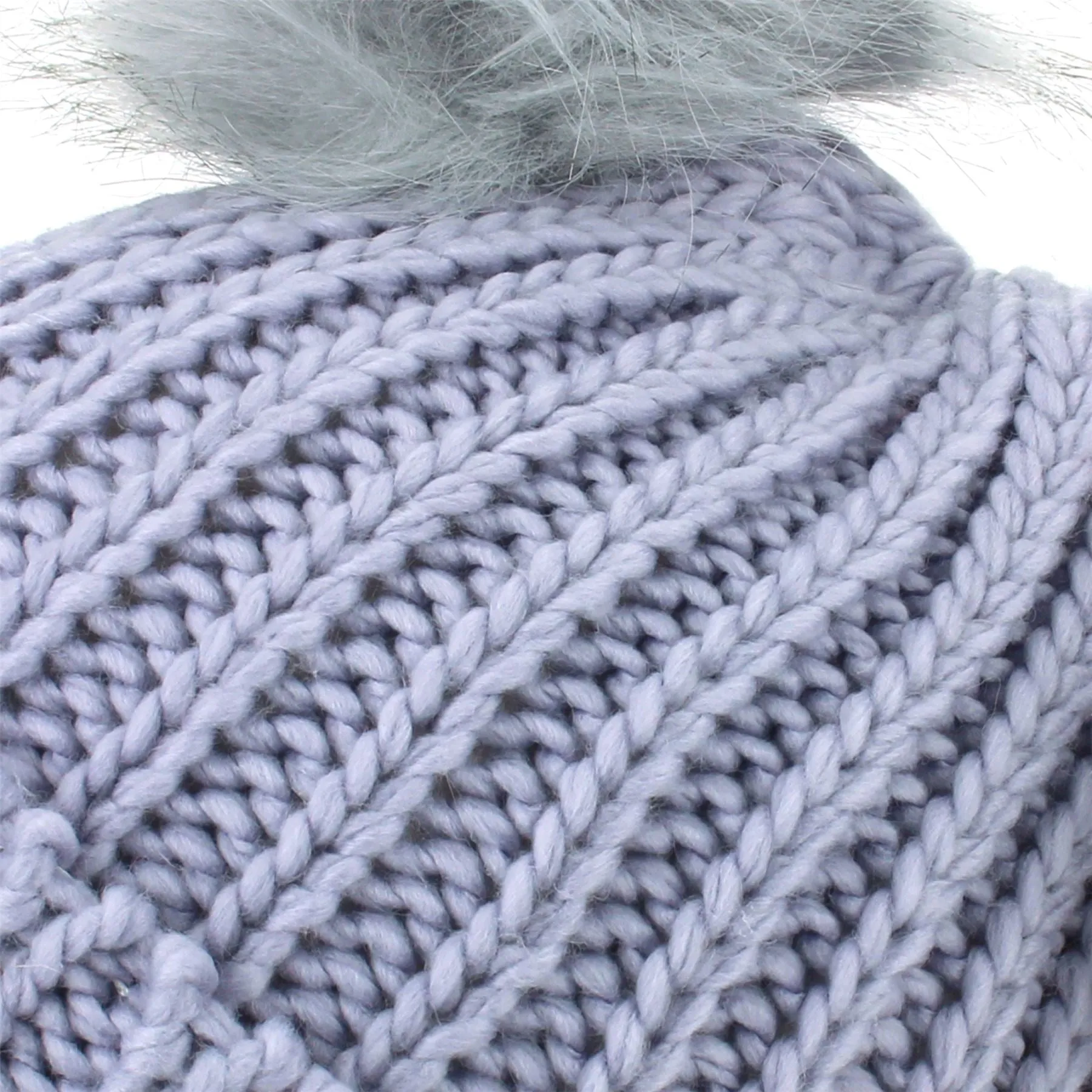 Ribbed Knit Double Bobble Beanie Hat - Lilac