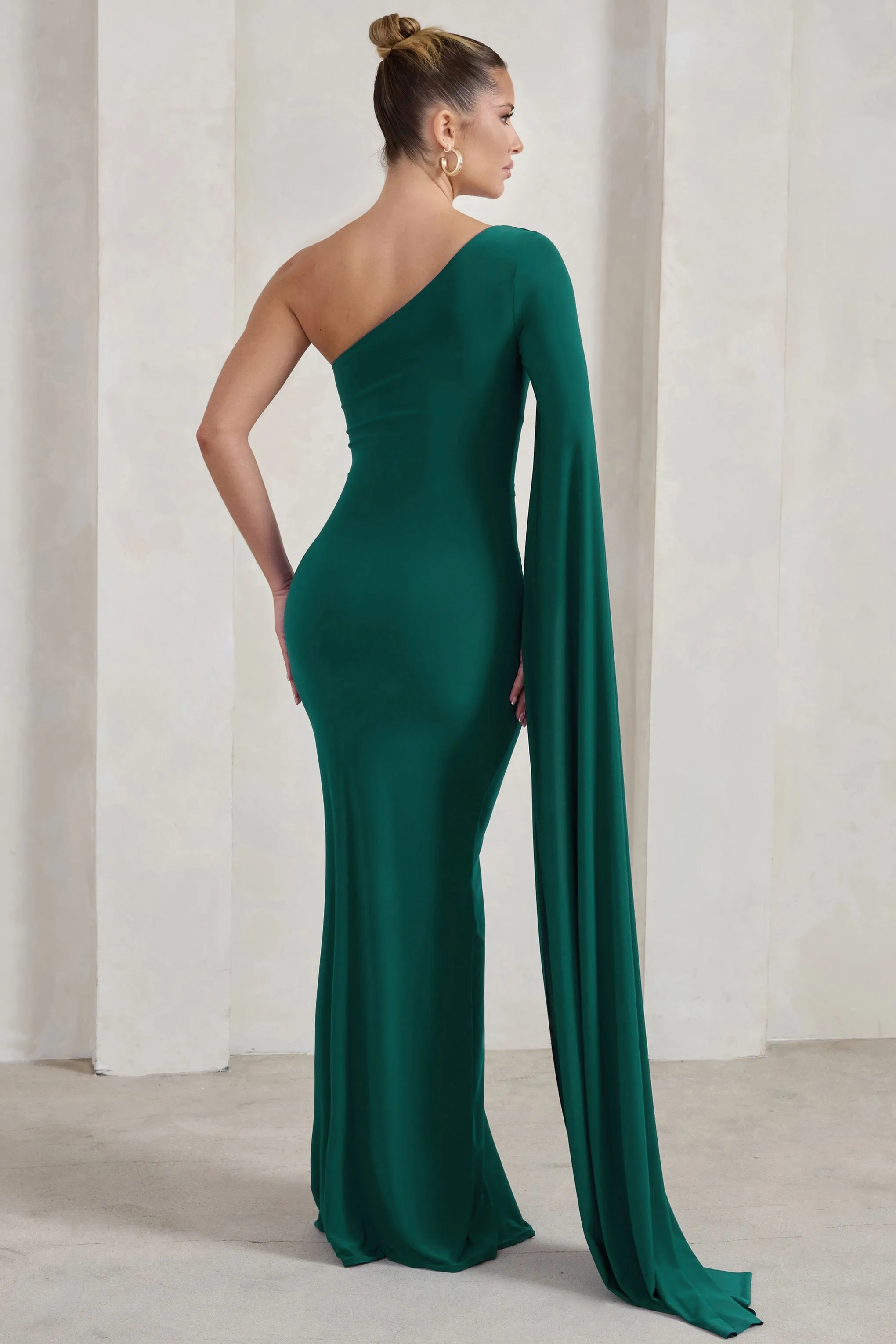 Romi | Bottle Green One Shoulder Twist Design Maxi Dress