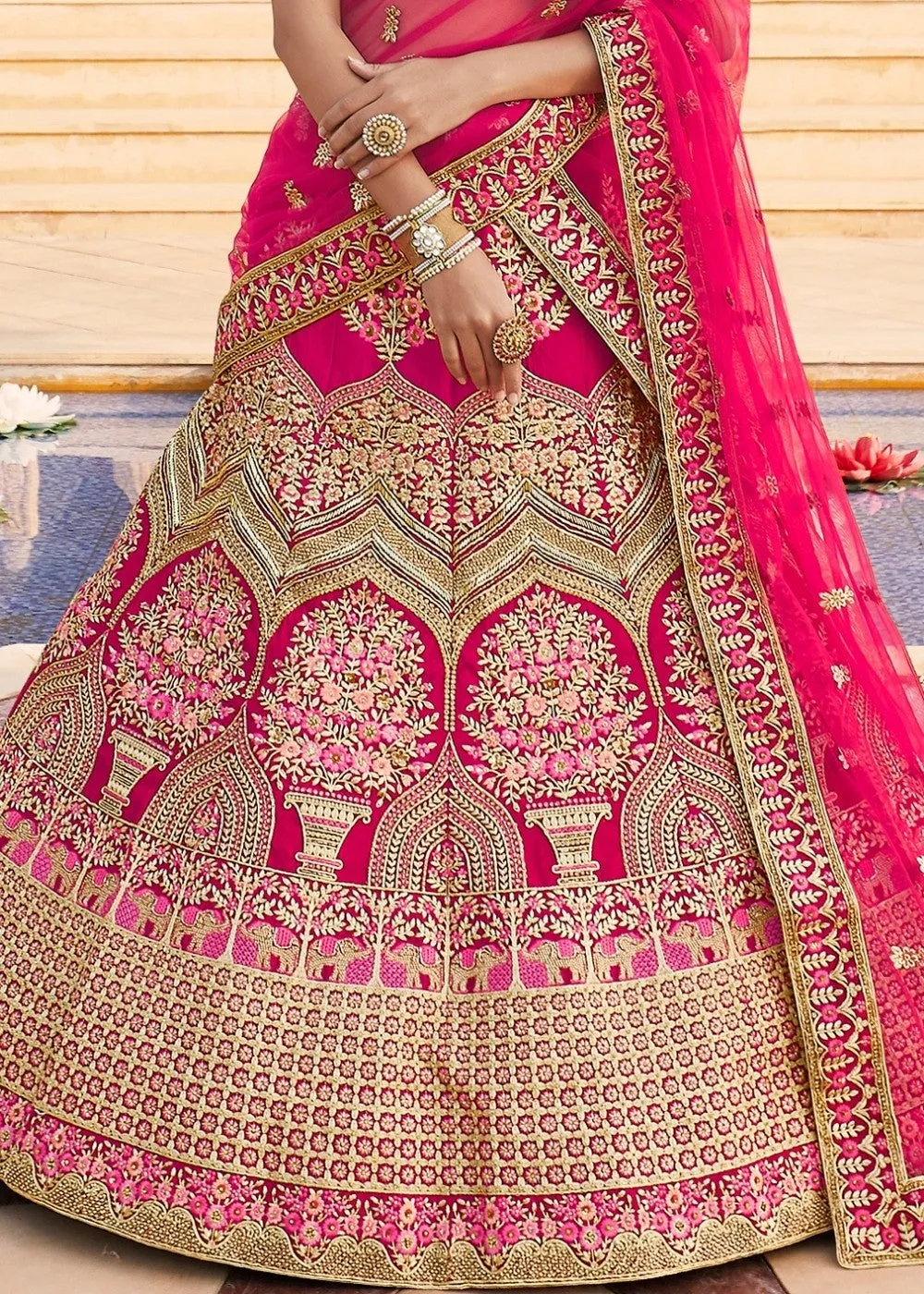 Rose Pink Velvet  Bridal Lehenga Choli with Embroidery & Hand work